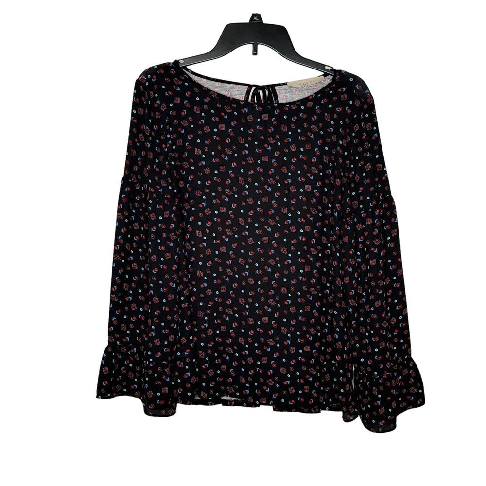 LOFT Women's Top Floral Knit Long Bell Sleeve  Pleated Round Neck‎ Blouse Small